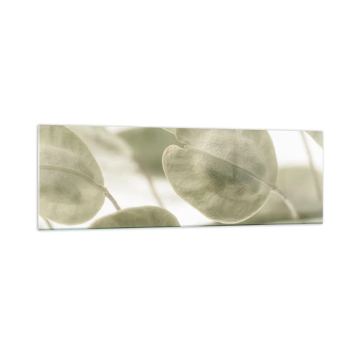 Impression sur verre - Image sur verre - Une peinture délicate de feuilles dans des tons pastel de vert sur un fond clair. - 160x50cm - Au commencement il y avait des feuilles... - Décoration murale moderne pour le salon et la chambre ARTTOR