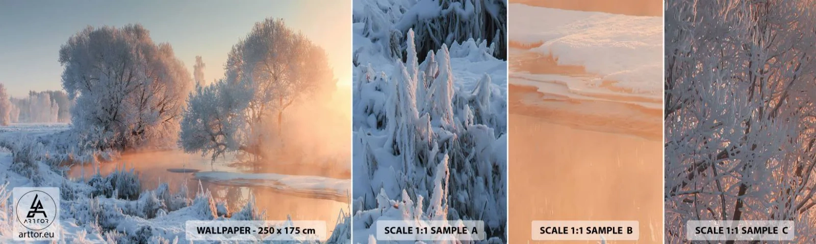 Échantillon de Papier Peint Autocollant Deluxe Sticker - Tout dans le soleil brille en cristal - Paysage, Hiver, Rivière - 100x30 cm