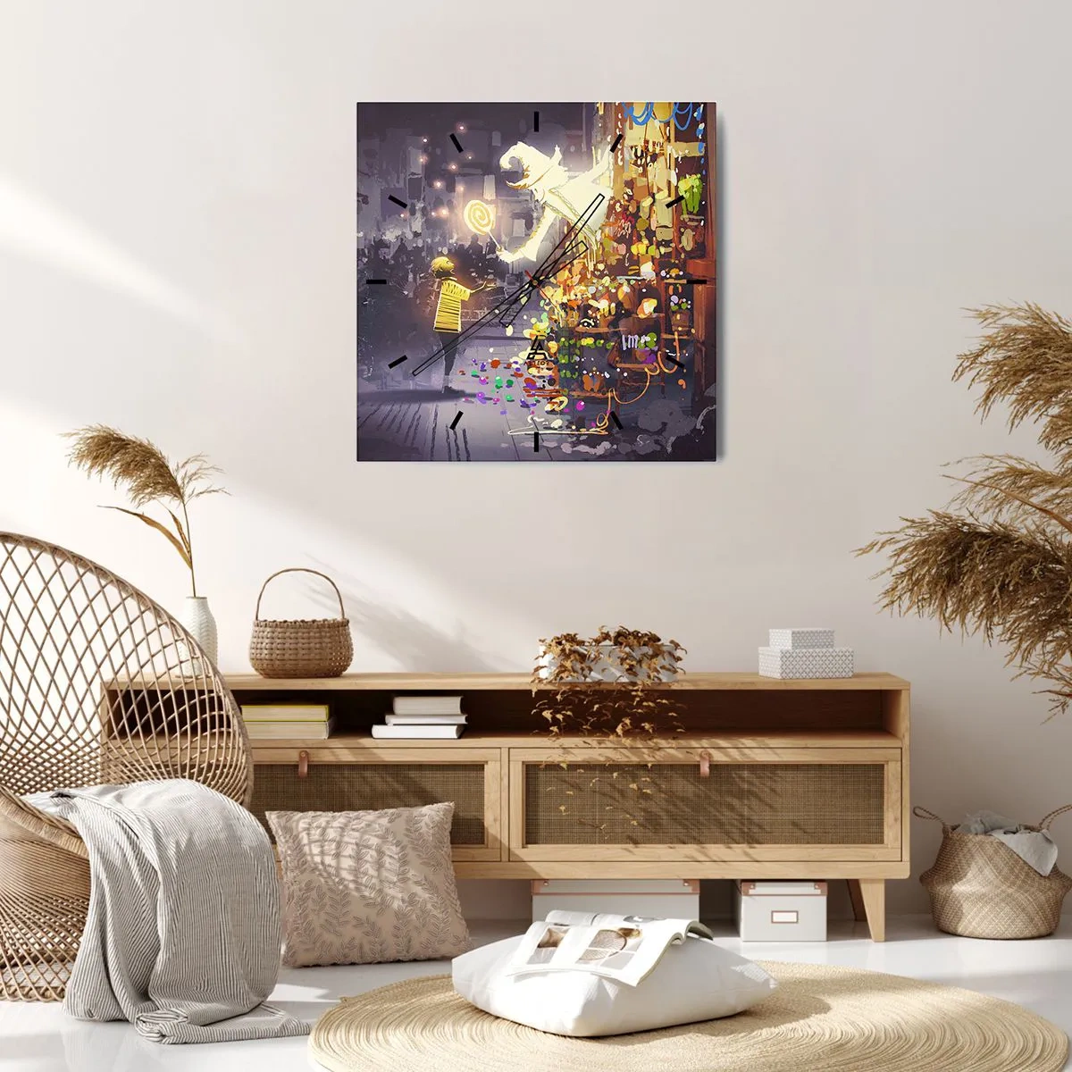 Horloge murale - Pendule murale - Un personnage de conte de fées et un enfant dans une rue pleine de lumières et de magie - 30x30cm - La magie existe - Décoration murale moderne pour le salon et la chambre ARTTOR