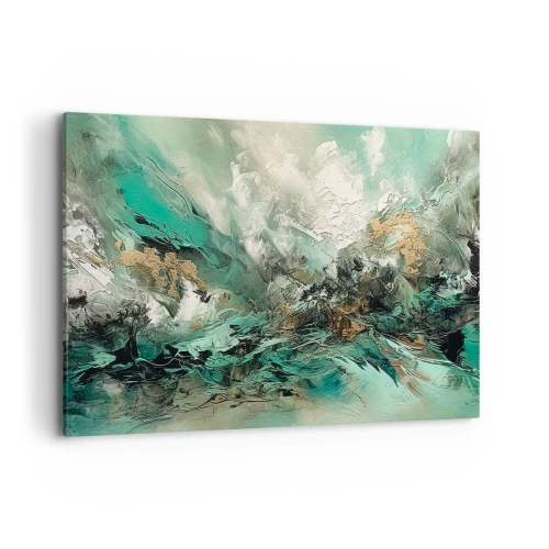 Impression sur toile - Image sur toile - Paysage abstrait dans les tons de vert et d'or - 100x70cm - Ressac émeraude et noir - Décoration murale moderne pour le salon et la chambre ARTTOR