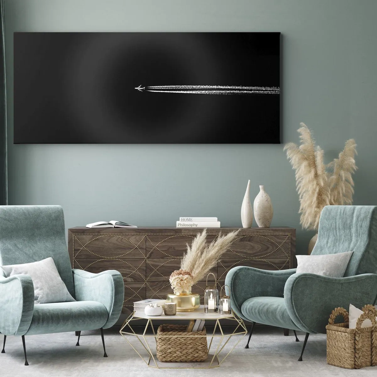 Impression sur toile - Image sur toile - Un avion à réaction avec une traînée de condensation visible sur fond noir - 160x50cm - Dans une autre dimension - Décoration murale moderne pour le salon et la chambre ARTTOR