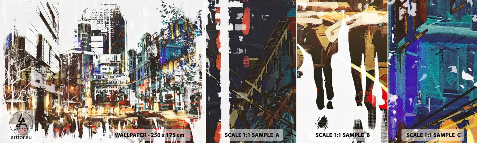 Échantillon de Papier Peint Autocollant Deluxe Sticker - Une ville chatoyante - Ville, Architecture, Graphique - 100x30 cm