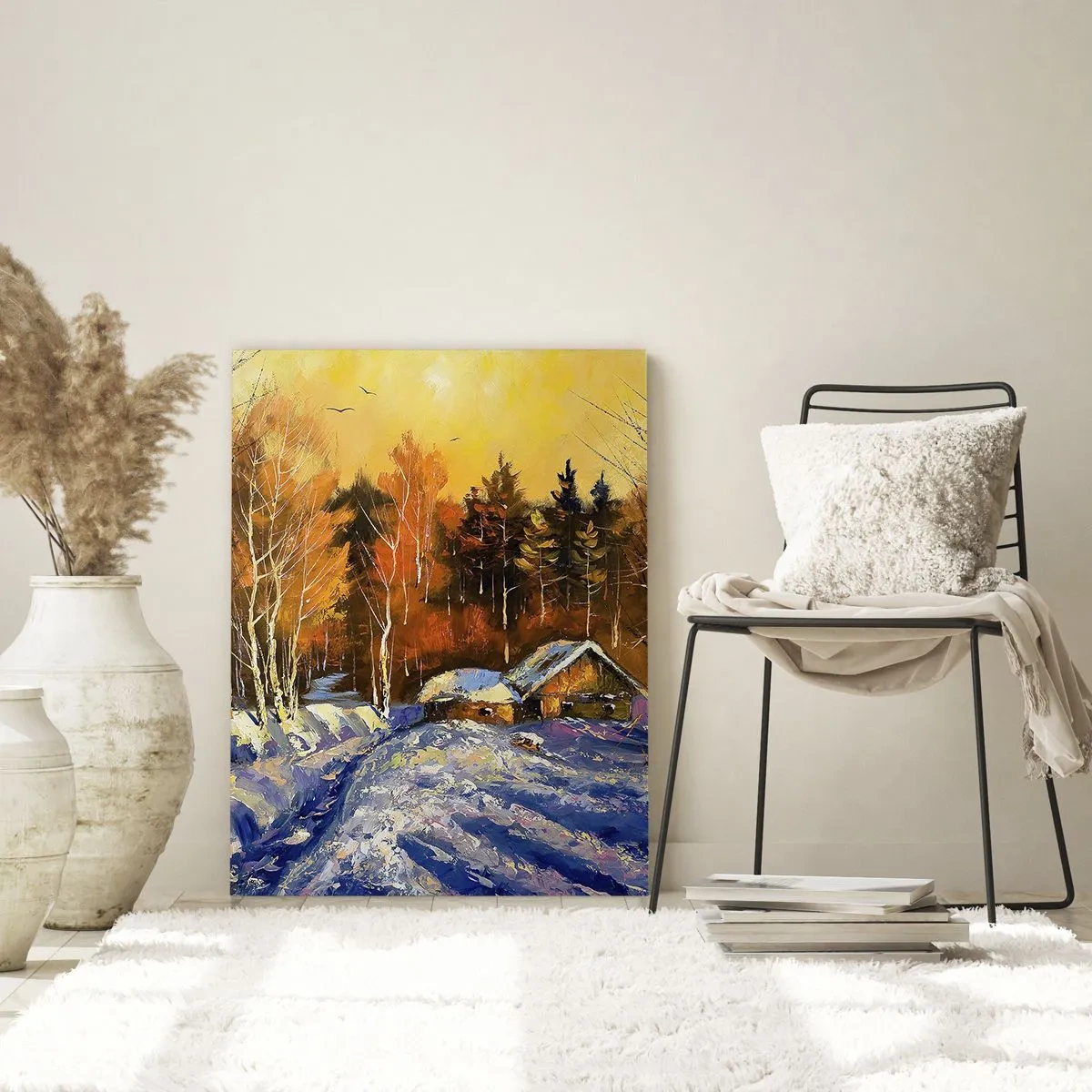 Impression sur verre - Image sur verre - Paysage d'hiver avec une maison à la lumière du soleil couchant - 70x100cm - Impression d'hiver au soleil - Décoration murale moderne pour le salon et la chambre ARTTOR