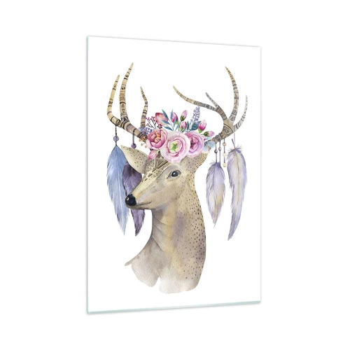 Impression sur verre - Image sur verre - Cerf avec une couronne de fleurs et des plumes - 50x70cm - Guide de l'âme - doux, innocent - Décoration murale moderne pour le salon et la chambre ARTTOR