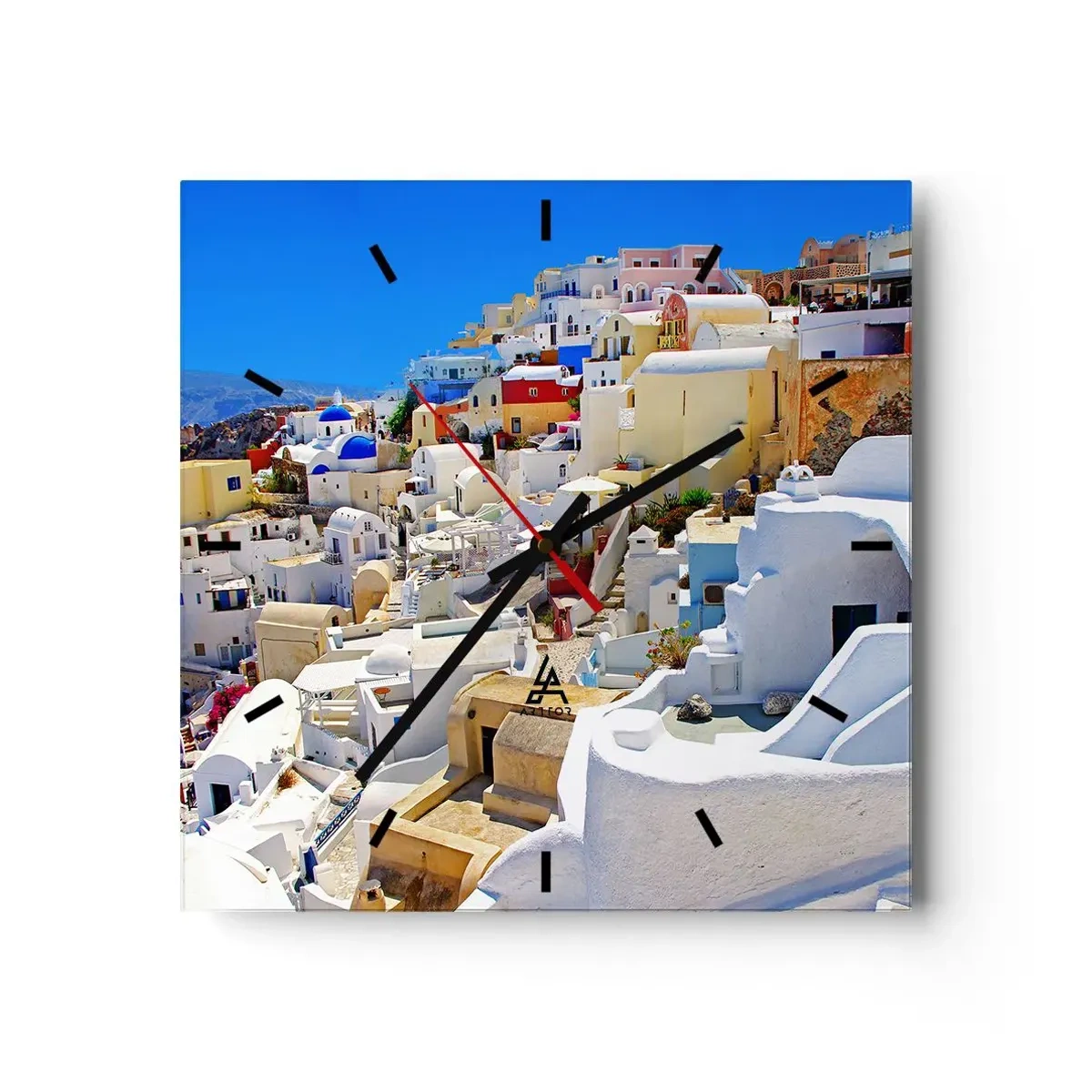 Horloge murale - Pendule murale - Panorama de Santorin avec des maisons blanches et un ciel bleu - 30x30cm - Le rêve d'un été grec - Décoration murale moderne pour le salon et la chambre ARTTOR