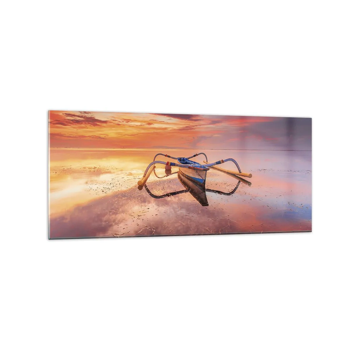 Impression sur verre - Image sur verre - Un bateau sur une eau calme au coucher du soleil - 120x50cm - Le calme d'une soirée tropicale - Décoration murale moderne pour le salon et la chambre ARTTOR