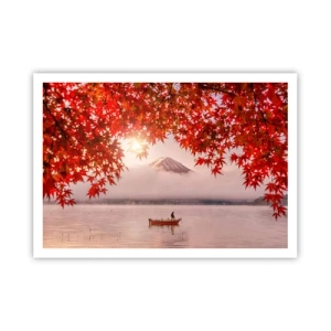 Affiche - Poster - Un bateau sur un lac entouré de feuilles d'érable rouges - 100x70cm - Dans le climat japonais - Décoration murale moderne pour le salon et la chambre ARTTOR