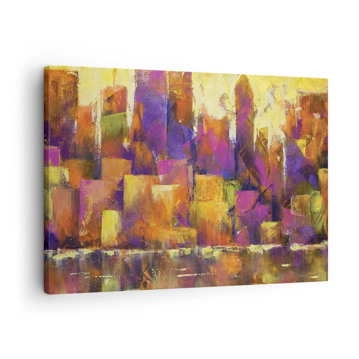 Impression sur toile - Image sur toile - Composition abstraite d'une métropole dans les tons jaune et violet - 70x50cm - Composition métropolitaine - Décoration murale moderne pour le salon et la chambre ARTTOR