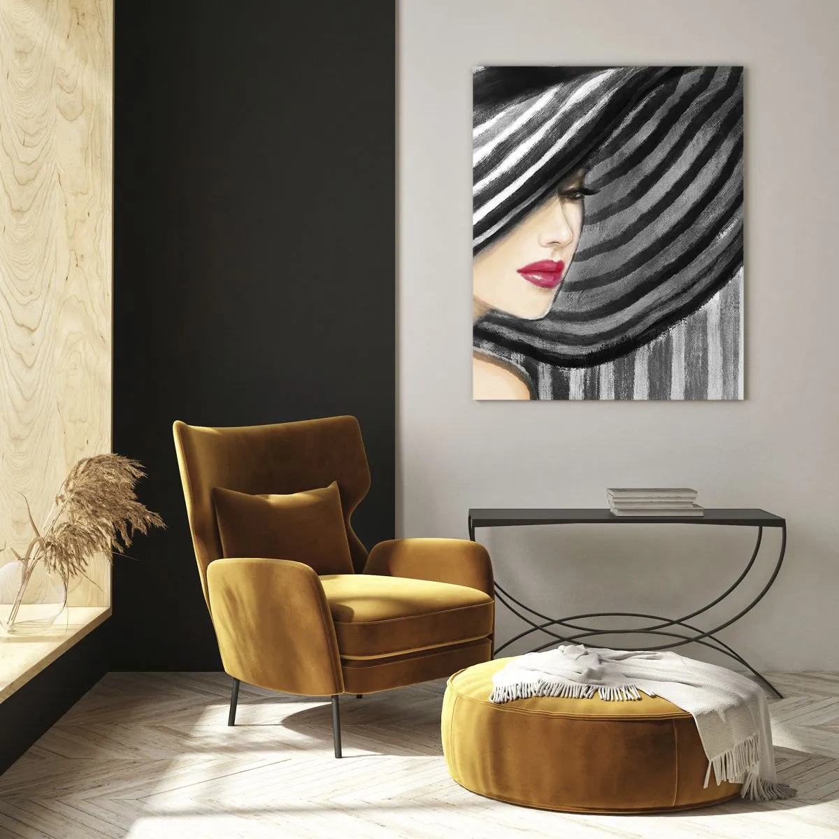 Impression sur verre - Image sur verre - Femme élégante portant un chapeau rayé noir et blanc - 50x70cm - Où te chercher ? - Décoration murale moderne pour le salon et la chambre ARTTOR