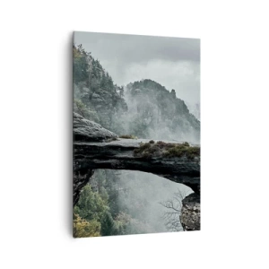 Impression sur toile - Image sur toile - Une arche de pierre entourée de montagnes brumeuses et de forêts - 70x100cm - L'aventure est sur le point de commencer - Décoration murale moderne pour le salon et la chambre ARTTOR