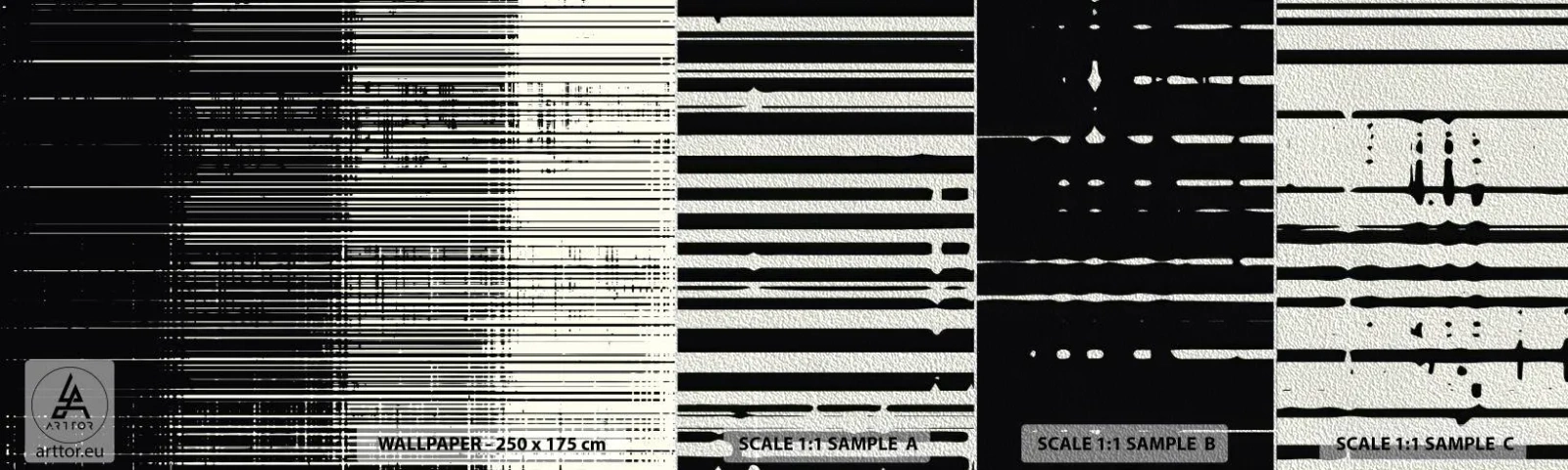 Échantillon de Papier Peint Premium Sand - Ondes et vibrations - Noir et blanc, Codes-barres, Lignes - 100x30 cm