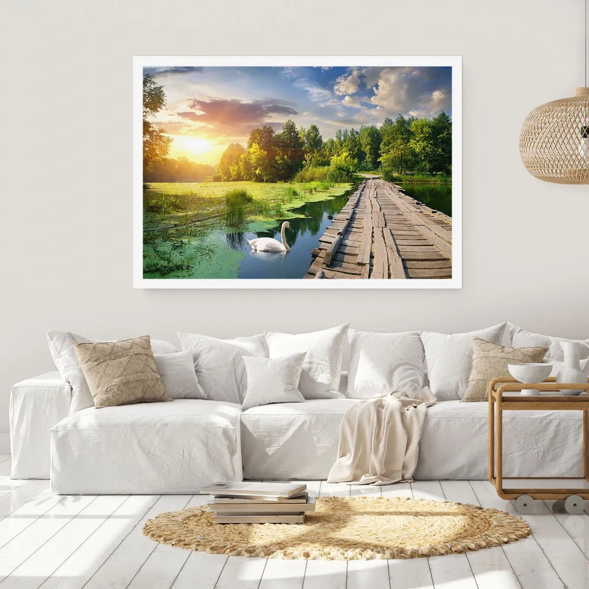 Affiche - Poster - Un paysage pittoresque avec un pont et un cygne - 100x70cm - L'été, l'été partout - Décoration murale moderne pour le salon et la chambre ARTTOR
