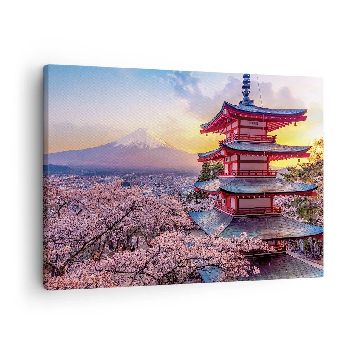 Impression sur toile - Image sur toile - Une pagode au Japon avec des cerisiers en fleurs et le mont Fuji - 70x50cm - Essence d'âme japonnaise - Décoration murale moderne pour le salon et la chambre ARTTOR