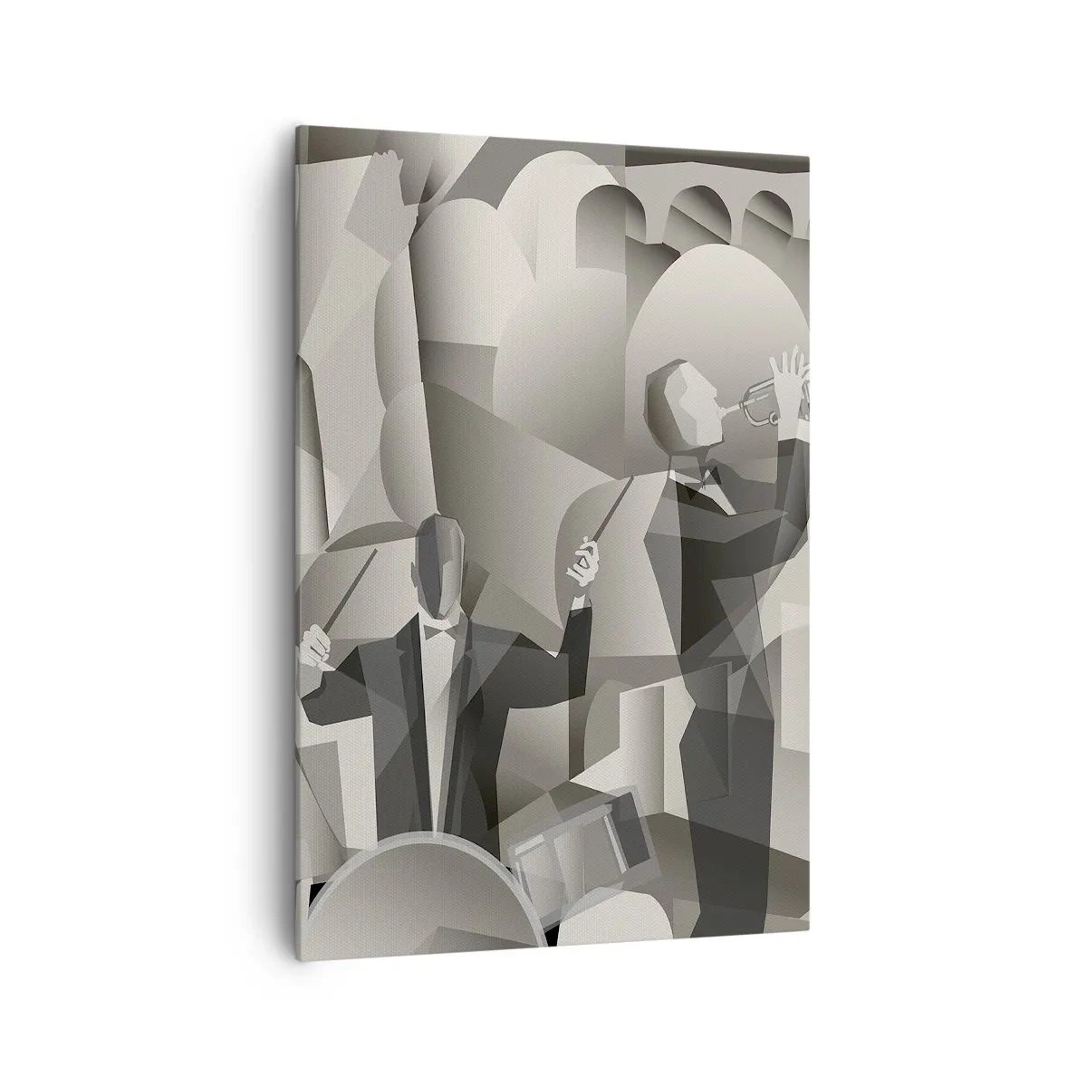 Impression sur toile - Image sur toile - Scène abstraite avec des musiciens de jazz dans des tons de gris. - 70x100cm - Dans l'espace des sons - Décoration murale moderne pour le salon et la chambre ARTTOR