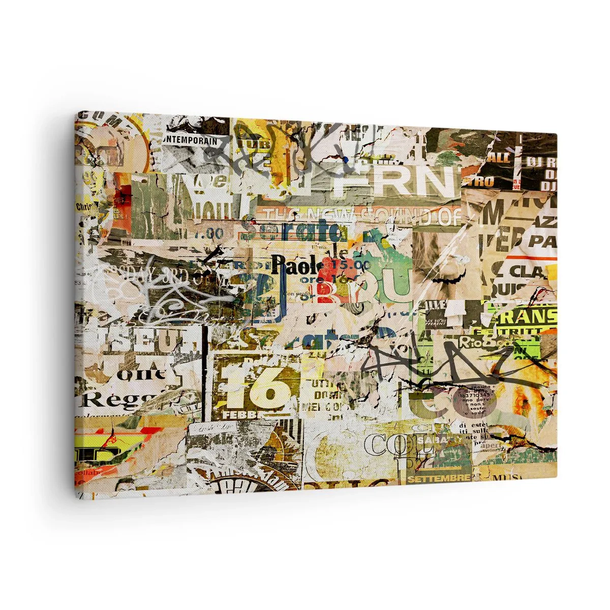 Impression sur toile - Image sur toile - Un collage de fragments de journaux et d'affiches dans un style artistique. - 70x50cm - Oh, il se passe quelque chose... - Décoration murale moderne pour le salon et la chambre ARTTOR