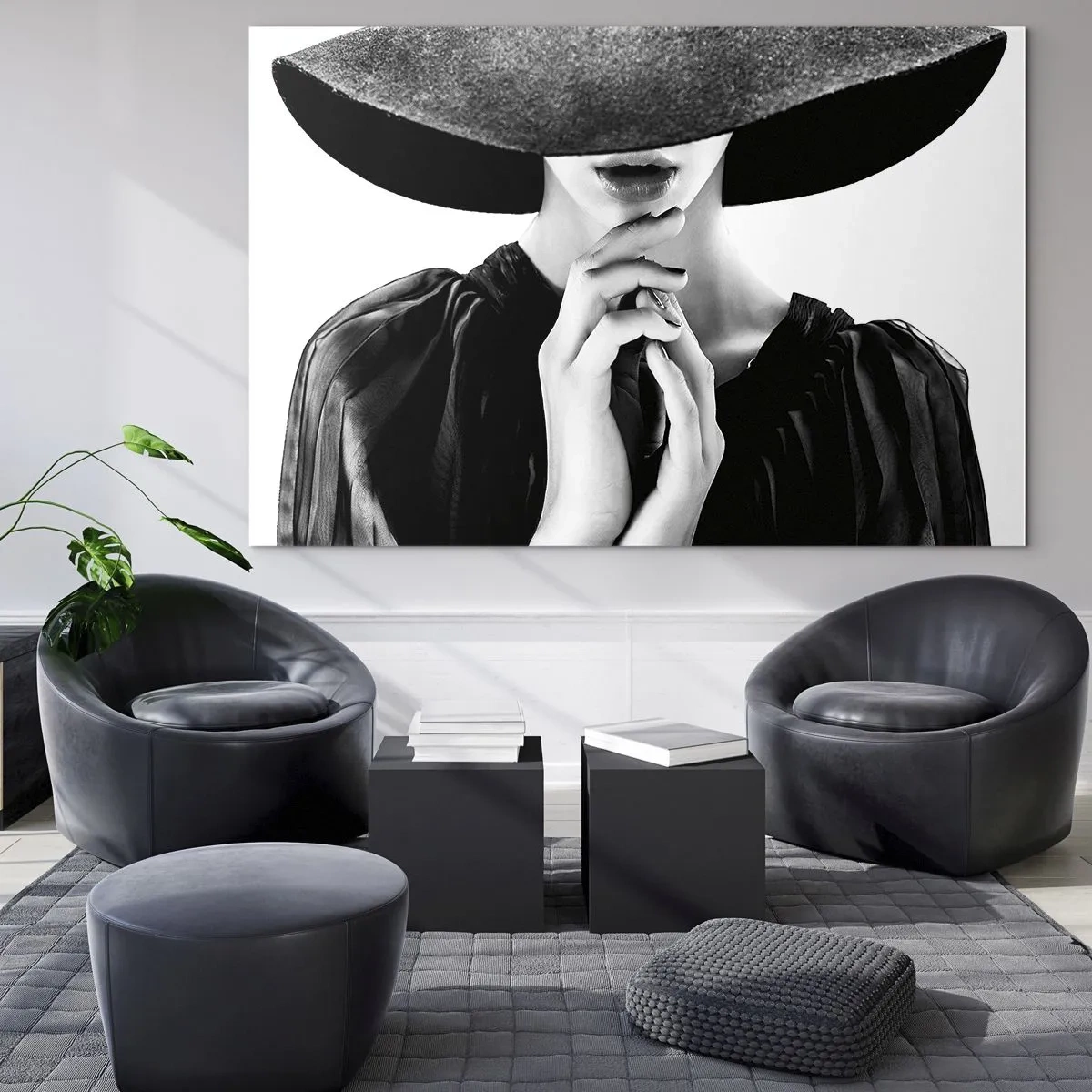 Impression sur verre - Image sur verre - Femme élégante en noir avec un chapeau couvrant son visage - 100x70cm - Beauté cachée - Décoration murale moderne pour le salon et la chambre ARTTOR