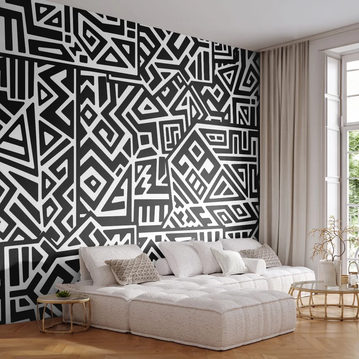 Papier Peint Photo Premium Sand - Composition précolombienne - Abstraction, Morceau, Noir et blanc - 350x256 cm