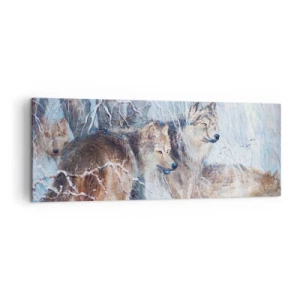 Impression sur toile - Image sur toile - Loups dans une forêt hivernale sur fond de neige - 140x50cm - Attention! Ca arrive ... - Décoration murale moderne pour le salon et la chambre ARTTOR