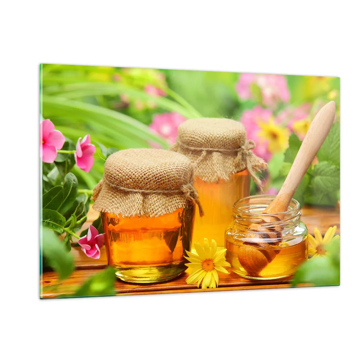 Impression sur verre - Image sur verre - Pots de miel sur fond de fleurs dans le jardin - 120x80cm - Doux et fleuri - Décoration murale moderne pour le salon et la chambre ARTTOR
