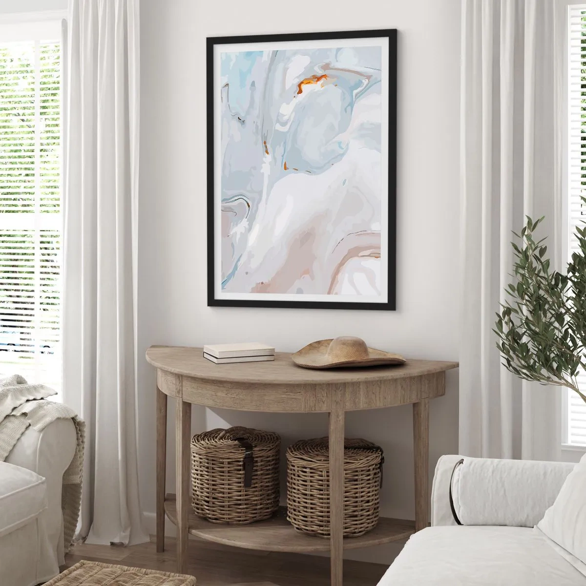 Affiche dans un cadre noir - Poster - Motif en marbre dans des tons de bleu avec des accents dorés - 50x70cm - Blanc surélevé - Décoration murale moderne pour le salon et la chambre ARTTOR