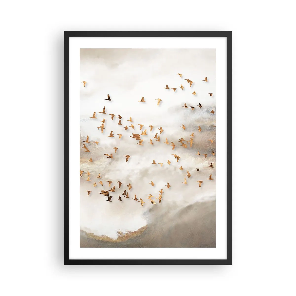 Affiche dans un cadre noir - Poster - Une volée d'oiseaux flottant parmi les nuages brumeux - 50x70cm - Il est l'heure… - Décoration murale moderne pour le salon et la chambre ARTTOR