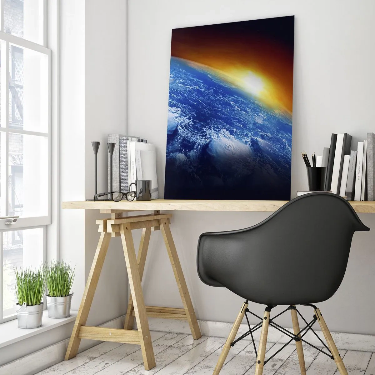 Impression sur verre - Image sur verre - La Terre dans l'espace illuminée par les rayons du soleil - 50x70cm - Lever de soleil sur la planète bleue - Décoration murale moderne pour le salon et la chambre ARTTOR