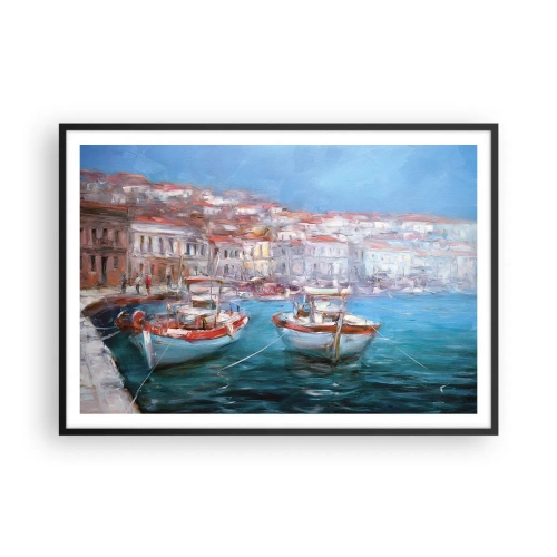 Affiche dans un cadre noir - Poster - Bateaux dans une baie italienne pittoresque - 100x70cm - Baie italienne - Décoration murale moderne pour le salon et la chambre ARTTOR