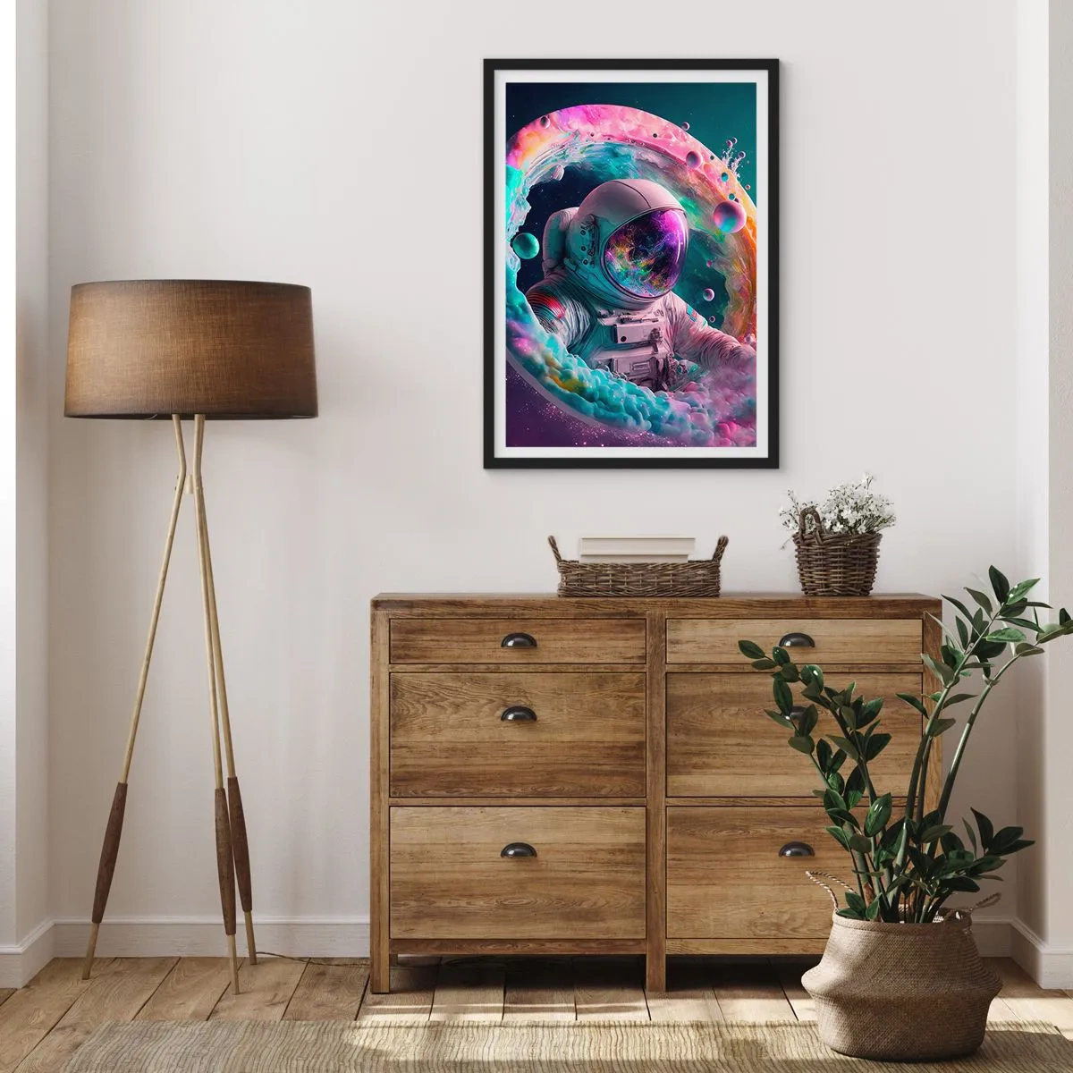 Affiche dans un cadre noir - Poster - Astronaute dans un environnement spatial rempli de nébuleuses colorées - 50x70cm - porte des étoiles - Décoration murale moderne pour le salon et la chambre ARTTOR
