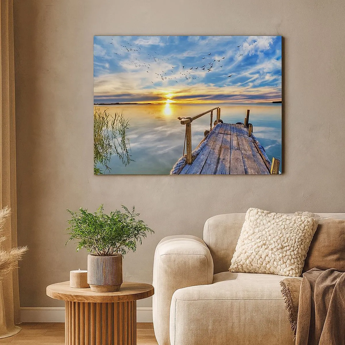 Impression sur toile - Image sur toile - Jetée en bois sur le lac au coucher du soleil - 70x50cm - Le vent se repose - Décoration murale moderne pour le salon et la chambre ARTTOR