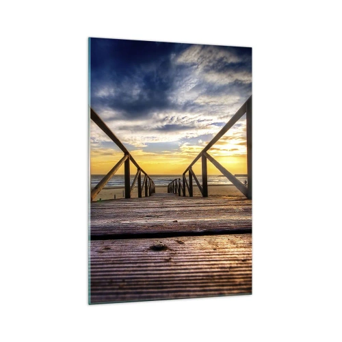 Impression sur verre - Image sur verre - Jetée en bois menant à la plage au coucher du soleil - 70x100cm - Directement sur une plage calme au coucher de soleil - Décoration murale moderne pour le salon et la chambre ARTTOR
