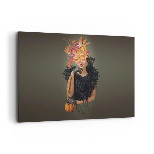 Impression sur toile - Image sur toile - Portrait d'une femme aux motifs d'automne et un chat - 120x80cm - Sort de sorcière - Décoration murale moderne pour le salon et la chambre ARTTOR
