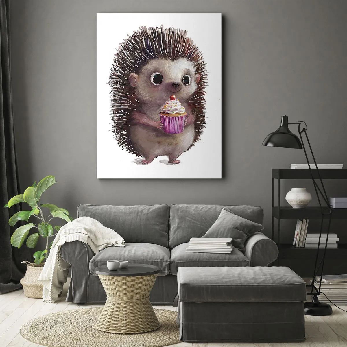 Impression sur toile - Image sur toile - Un hérisson mignon avec un cupcake - 80x120cm - La fête c'est tous les jours - Décoration murale moderne pour le salon et la chambre ARTTOR