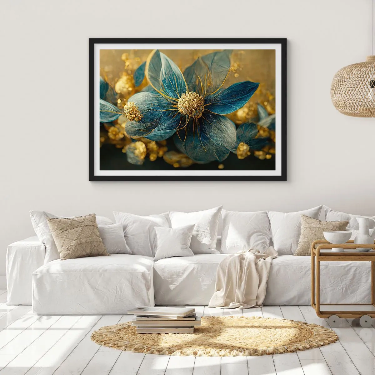Affiche dans un cadre noir - Poster - Fleurs élégantes dans des tons de bleu et d'or - 70x50cm - Fleurir avec de l'or - Décoration murale moderne pour le salon et la chambre ARTTOR