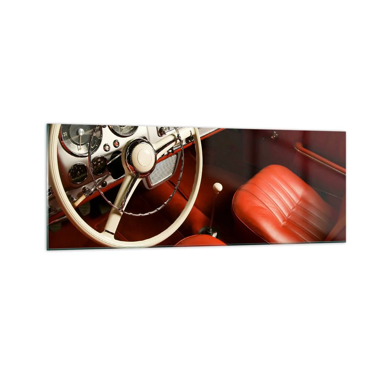 Impression sur verre - Image sur verre - Intérieur de voiture classique avec sièges en cuir rouge - 140x50cm - Luxe de style vintage - Décoration murale moderne pour le salon et la chambre ARTTOR