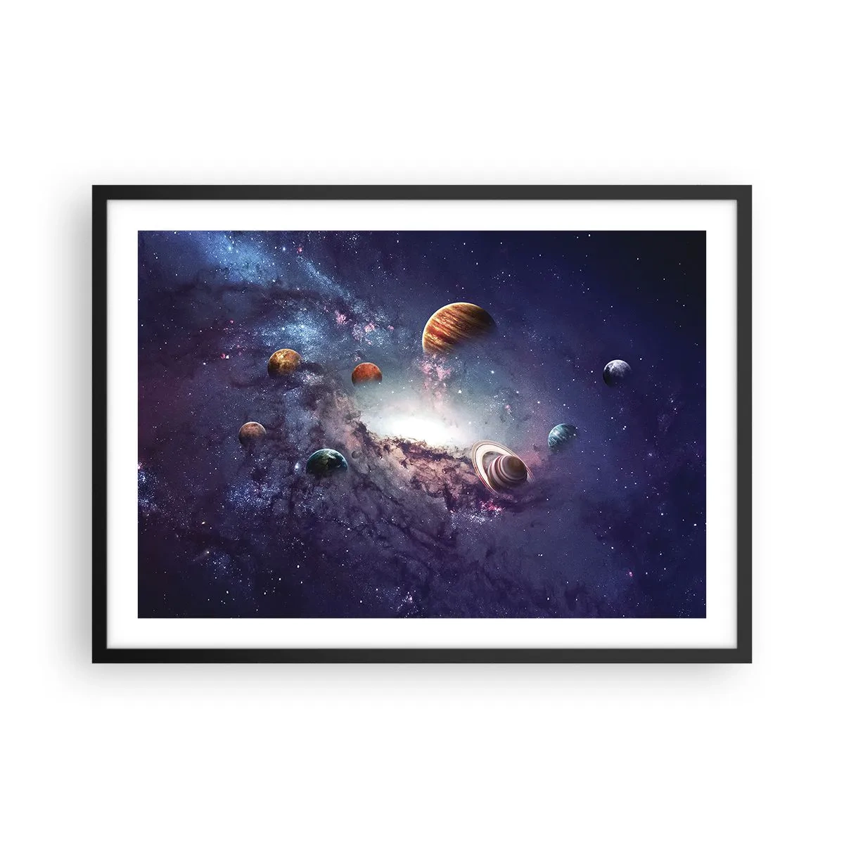 Affiche dans un cadre noir - Poster - Planètes dans une galaxie avec une nébuleuse en arrière-plan - 70x50cm - Système de danse solaire - Décoration murale moderne pour le salon et la chambre ARTTOR