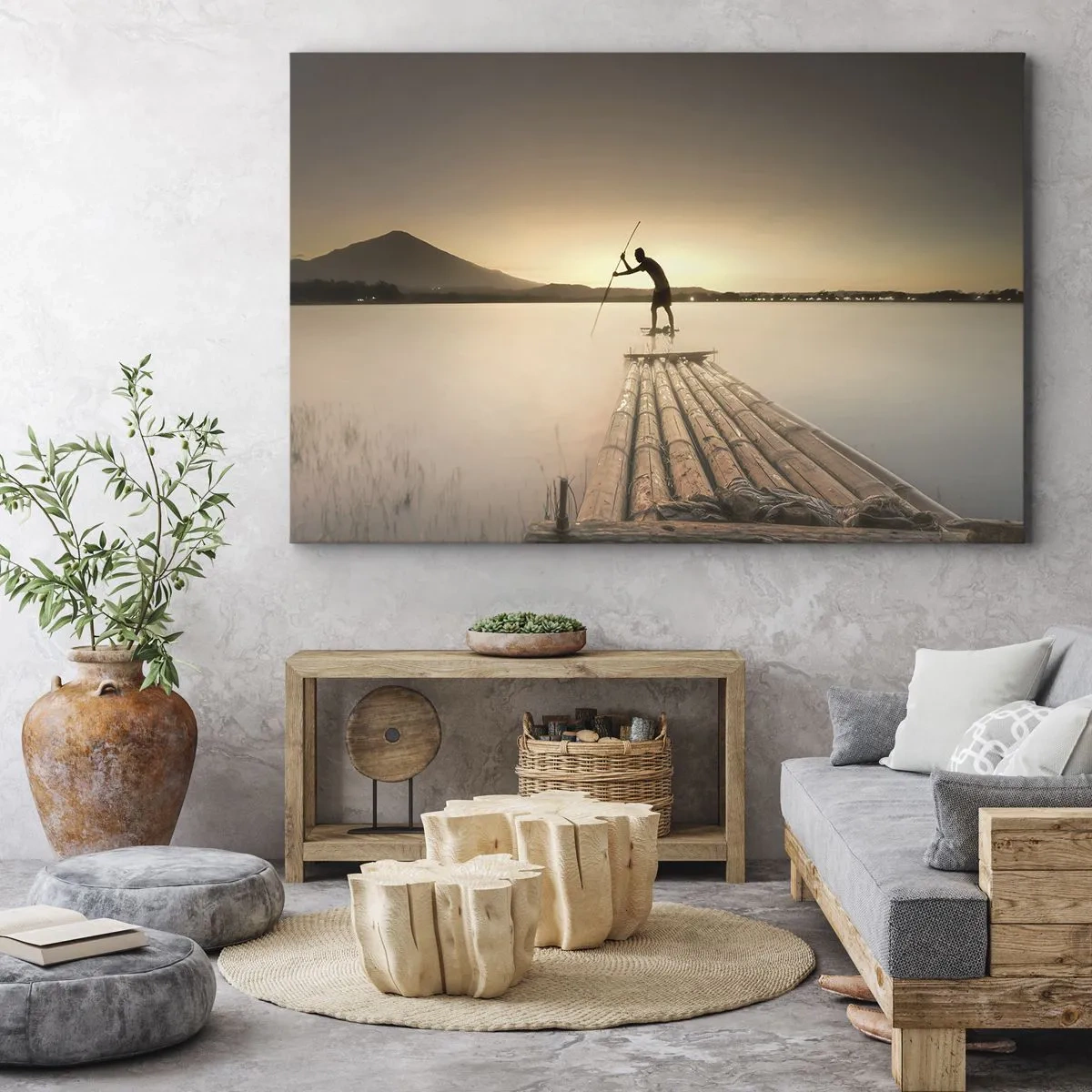 Impression sur toile - Image sur toile - Homme sur un radeau au coucher du soleil - 120x80cm - Avant la fin du jour - Décoration murale moderne pour le salon et la chambre ARTTOR