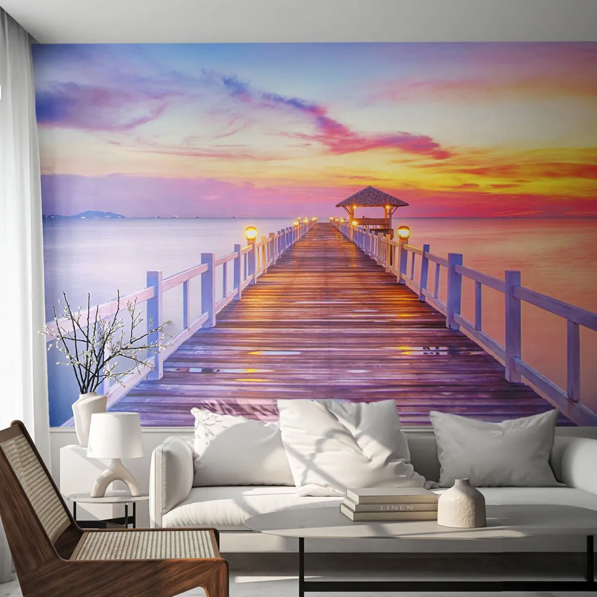 Papier Peint Photo Premium Canvas - Une jetée sur l'eau au coucher du soleil aux couleurs pastel - 100x70cm - Le silence lilas-doré du soir - Décoration murale moderne pour le salon et la chambre ARTTOR