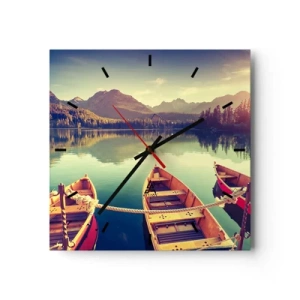 Horloge murale - Pendule murale - Bateaux sur un lac calme entouré de montagnes au coucher du soleil - 30x30cm - Vivre selon ses règles - Décoration murale moderne pour le salon et la chambre ARTTOR