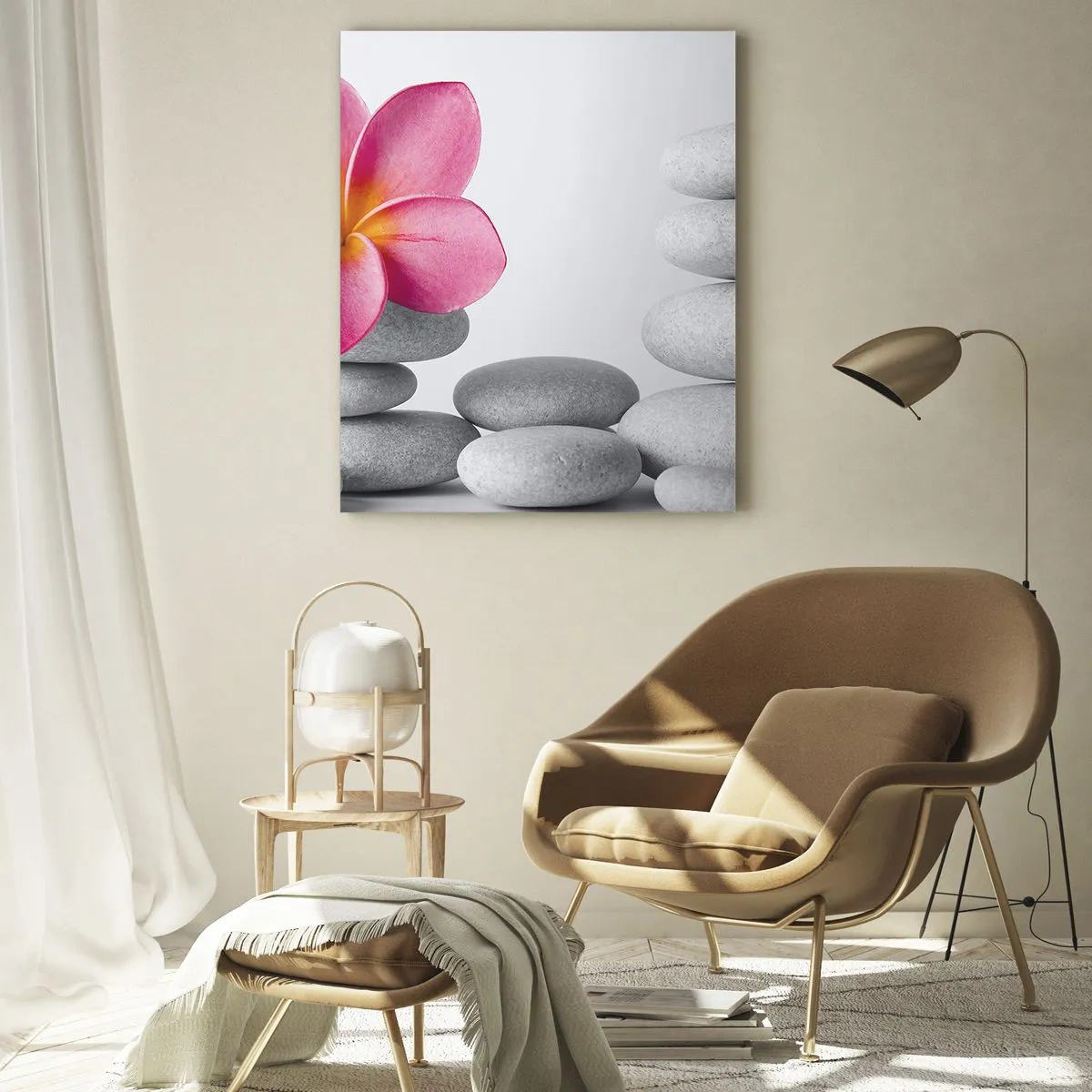 Impression sur verre - Image sur verre - Fleur rose sur pierres de style zen - 80x120cm - Pierre sur pierre, et sur cette pierre... - Décoration murale moderne pour le salon et la chambre ARTTOR