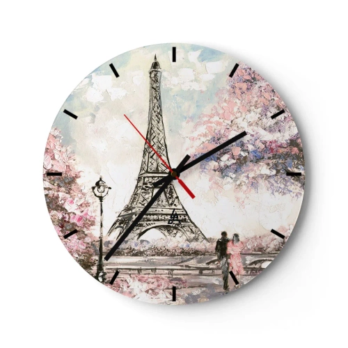 Horloge murale - Pendule murale - La Tour Eiffel entourée d'arbres en fleurs - 30x30cm - Balade d'avril à Paris - Décoration murale moderne pour le salon, la cuisine et la chambre ARTTOR