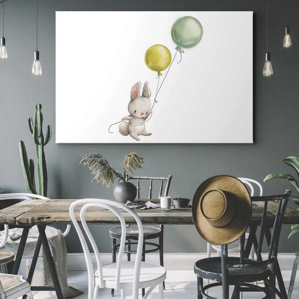 Impression sur toile - Image sur toile - Un lapin tenant des ballons aux couleurs pastel - 120x80cm - Moi aussi je vole! - Décoration murale moderne pour le salon et la chambre ARTTOR