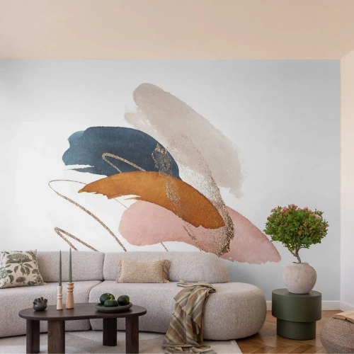Papier Peint Photo Premium Sand - Abstraction subtile dans les tons de rose, bleu marine et or - 100x70cm - Composition ailée - Décoration murale moderne pour le salon et la chambre ARTTOR