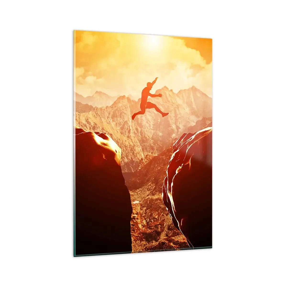 Impression sur verre - Image sur verre - Une silhouette sautant entre des rochers avec des montagnes en arrière-plan - 80x120cm - Dépassement des limites - Décoration murale moderne pour le salon et la chambre ARTTOR