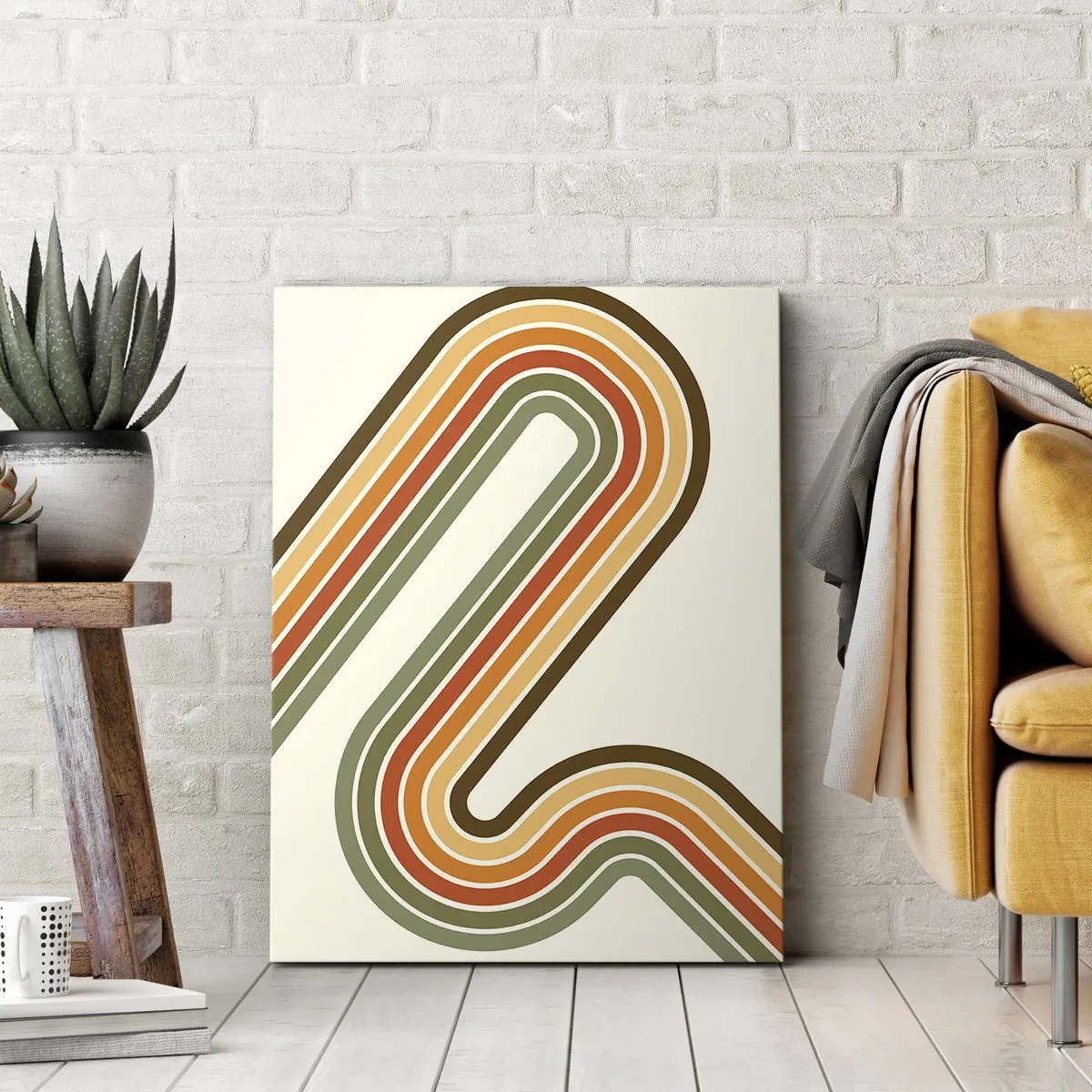 Impression sur toile - Image sur toile - Motif géométrique dans les tons de vert, orange et beige sur fond clair - 50x70cm - En zig zag vers le but - Décoration murale moderne pour le salon et la chambre ARTTOR