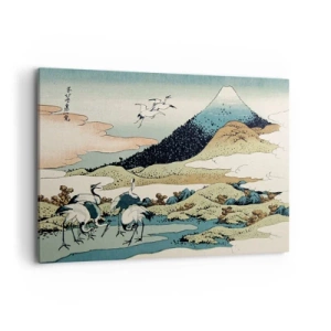 Impression sur toile - Image sur toile - Graphismes japonais traditionnels avec des montagnes et des grues - 120x80cm - Avec une âme japonnaise - Décoration murale moderne pour le salon et la chambre ARTTOR