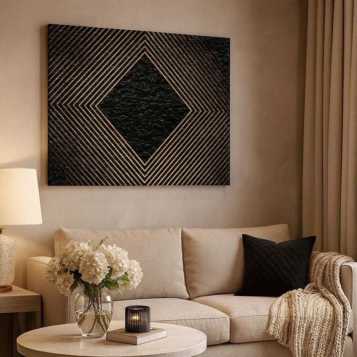 Impression sur toile - Image sur toile - Fond noir avec un motif géométrique de lignes dorées - 70x50cm - Géométrie dans un style glamour - Décoration murale moderne pour le salon et la chambre ARTTOR