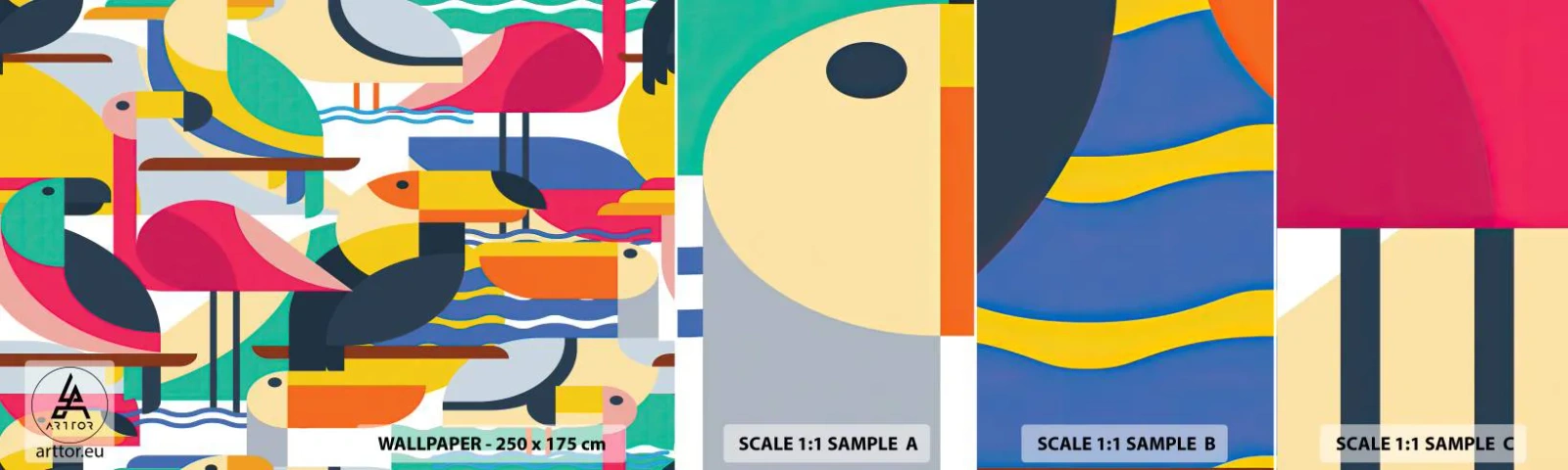 Échantillon de Papier Peint Autocollant Deluxe Sticker - Fête des oiseaux - Abstraction, Pélican, Morceau - 100x30 cm