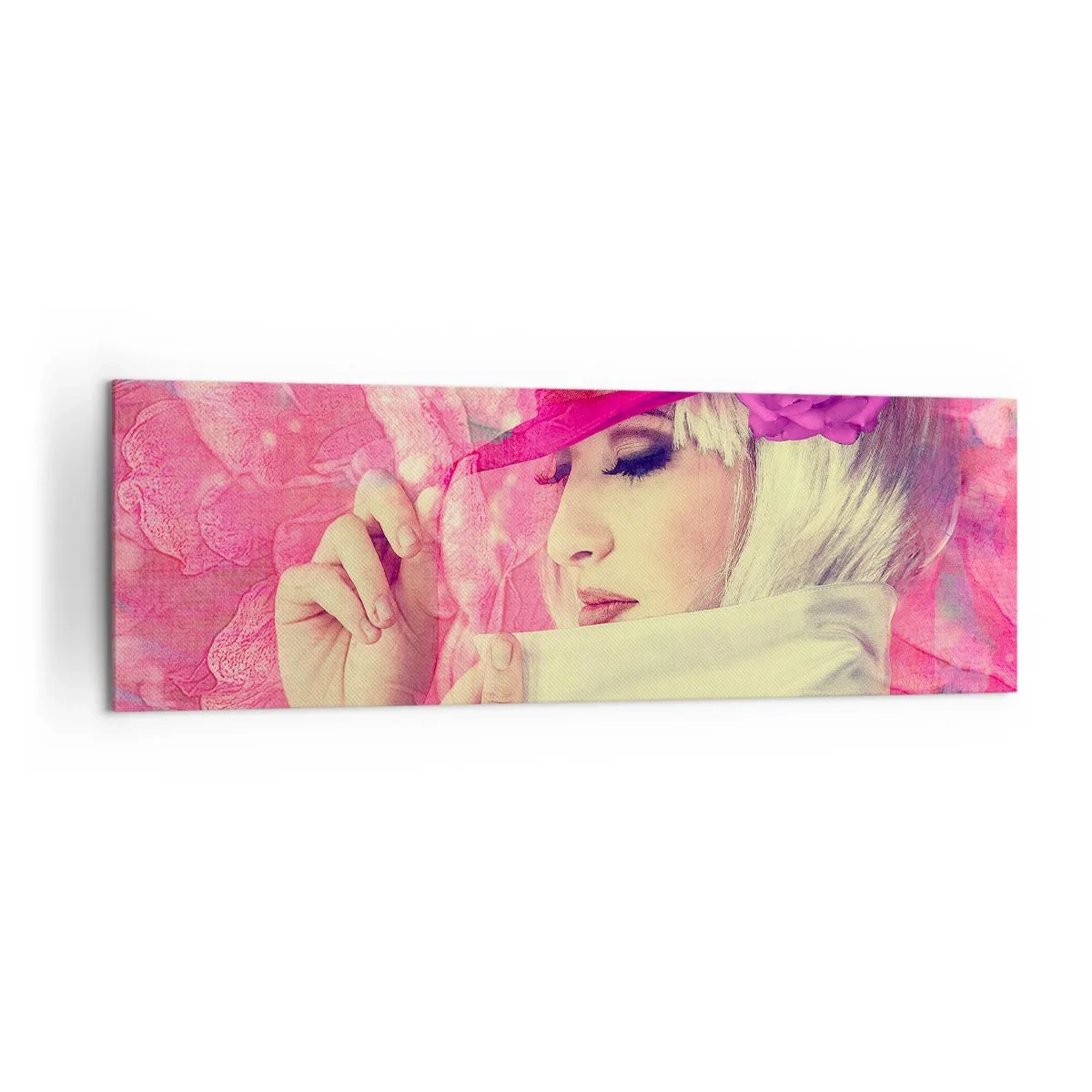 Impression sur toile - Image sur toile - Femme élégante avec un chapeau rose avec une fleur - 160x50cm - Portrait rétro dans une brume rose - Décoration murale moderne pour le salon et la chambre ARTTOR