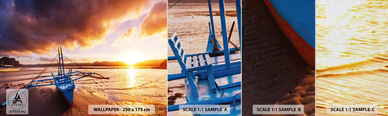 Échantillon de Papier Peint Premium Canvas - Allongez-vous dans le sable après une longue journée - Paysage, Mer, Bateau de pêche - 100x30 cm