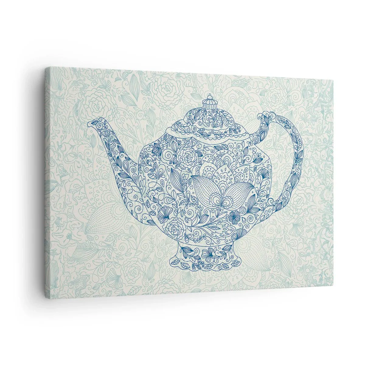 Impression sur toile - Image sur toile - Dessin décoratif d'une théière avec des ornements bleus - 70x50cm - Le charme du thé - Décoration murale moderne pour le salon et la chambre ARTTOR